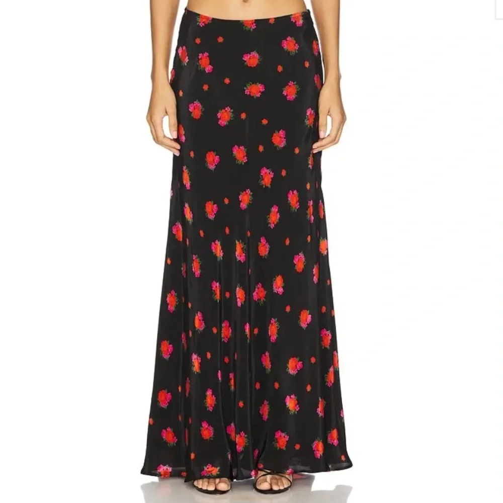 Bardot Black Maxi Skirt with Red Floral Print